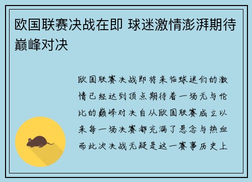 欧国联赛决战在即 球迷激情澎湃期待巅峰对决