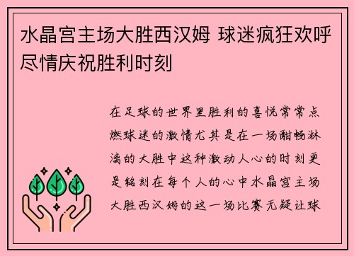 水晶宫主场大胜西汉姆 球迷疯狂欢呼尽情庆祝胜利时刻