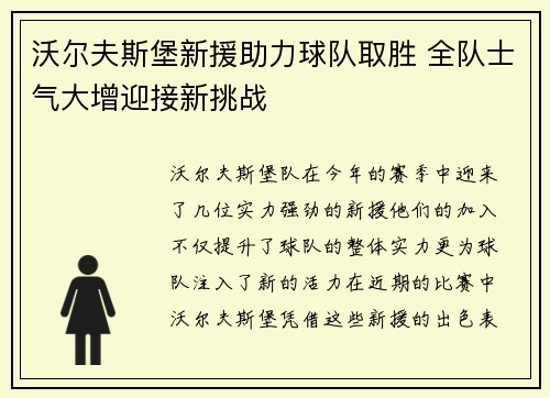 沃尔夫斯堡新援助力球队取胜 全队士气大增迎接新挑战