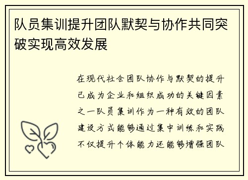队员集训提升团队默契与协作共同突破实现高效发展