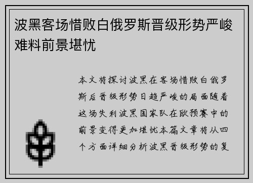 波黑客场惜败白俄罗斯晋级形势严峻难料前景堪忧